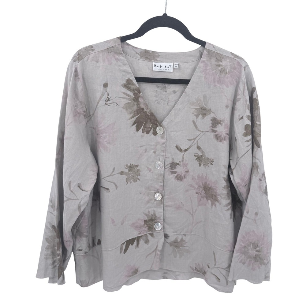 Habitat Clothes to Live In XL Linen Floral Button Front V-Neck Blouse Tan Pink